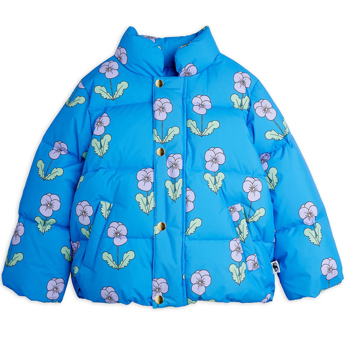 Doudoune en polyester recyclé à motif de pensées bleues avec patte de boutonnage pressionnée pour enfant - Vêtement d'extérieur d'hiver