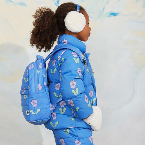 Doudoune en polyester recyclé à motif de pensées bleues avec patte de boutonnage pressionnée pour enfant - Vêtement d'extérieur d'hiver
