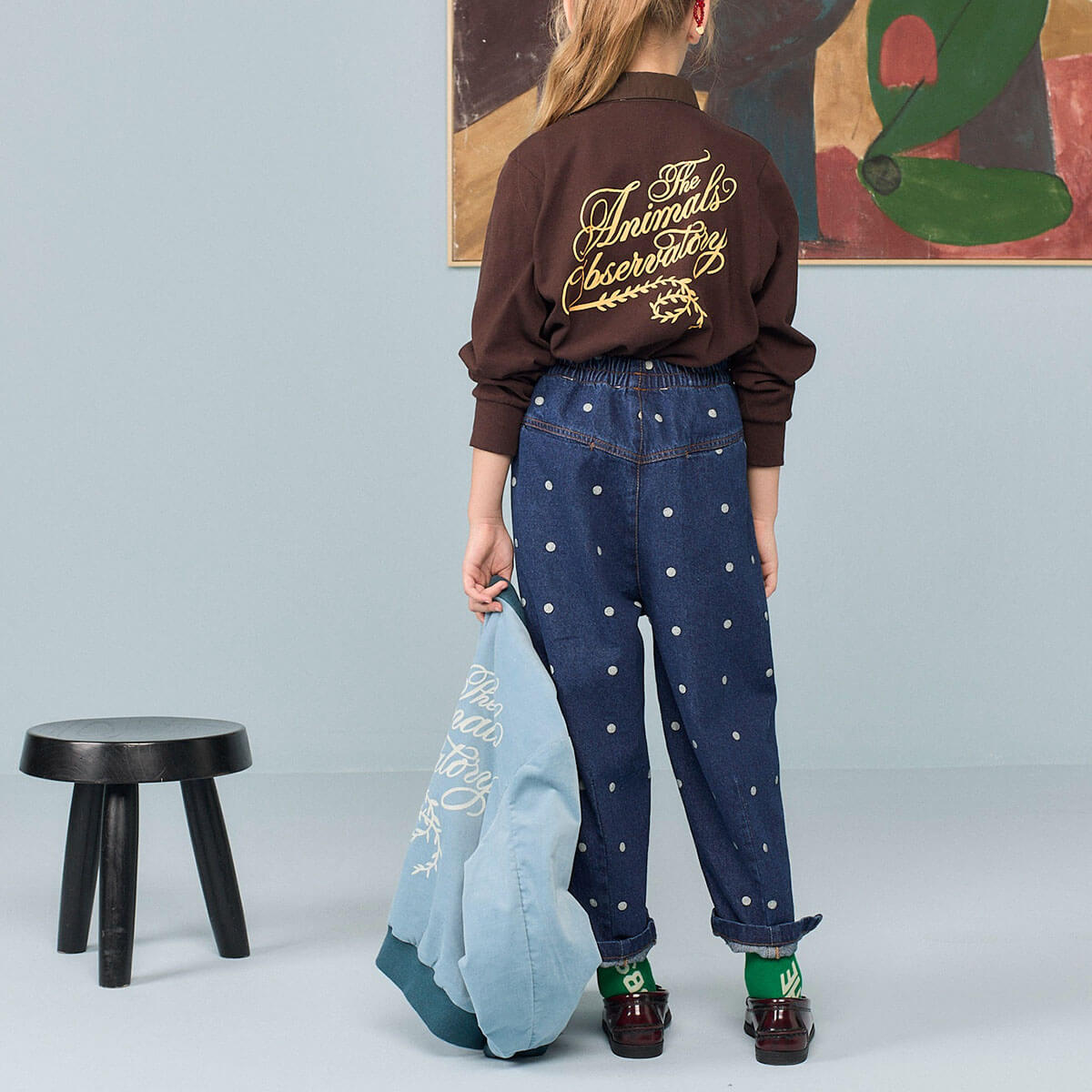 Pantalon fuselé en jean à pois bleus avec taille élastiquée pour enfant