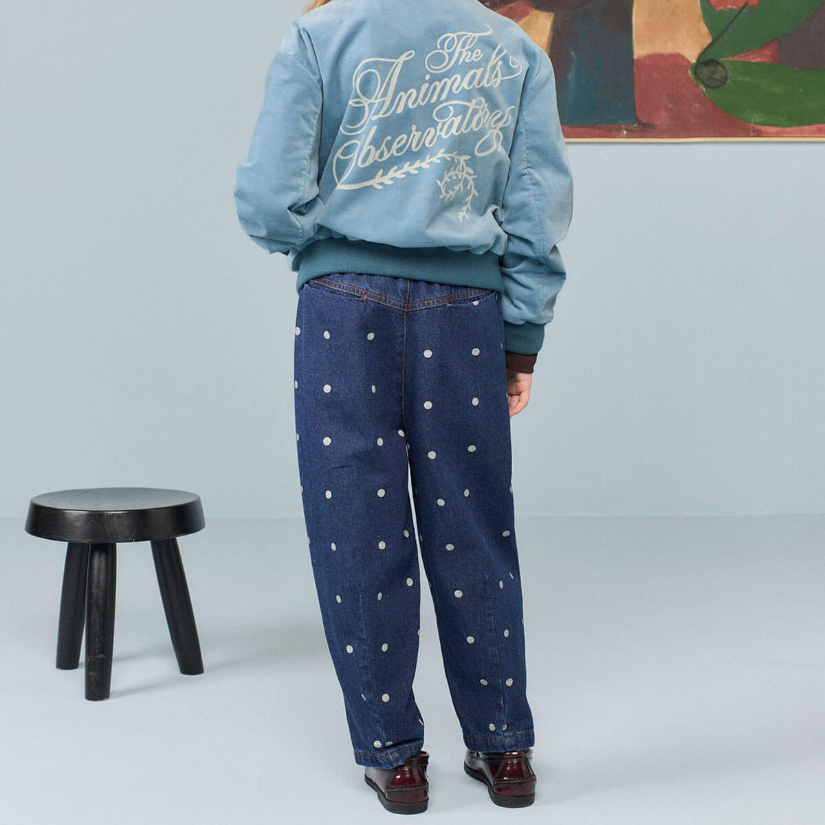 Pantalon fuselé en jean à pois bleus avec taille élastiquée pour enfant